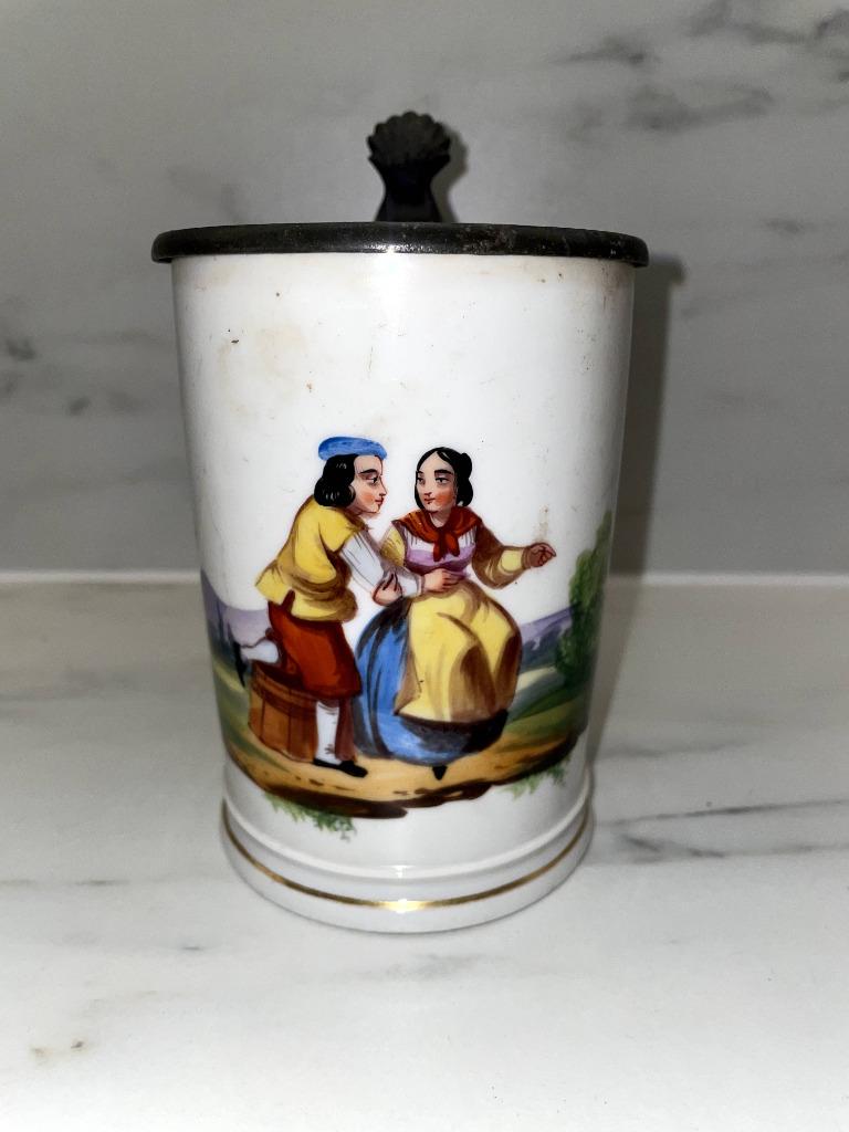 Biedermeier/Old Paris porseleinen mok met deksel, Antiek en Kunst, Ophalen of Verzenden