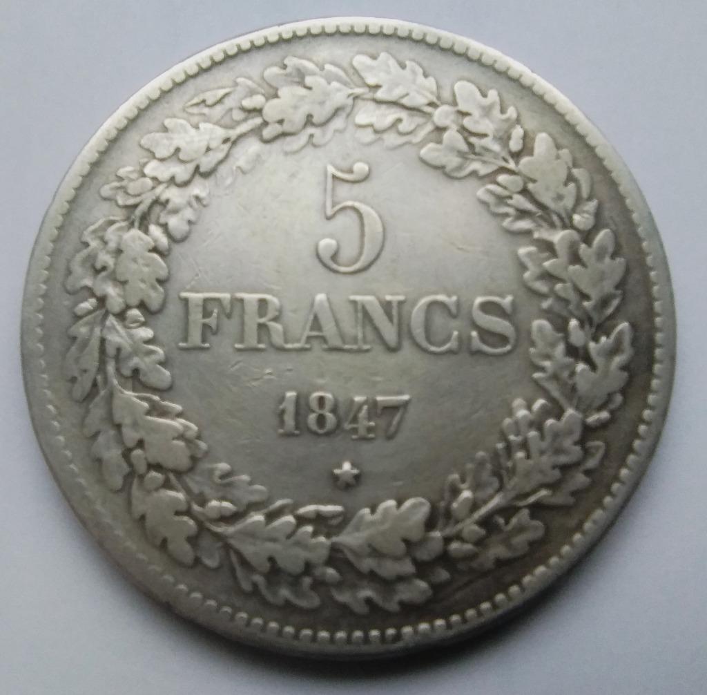 Belgique 5 francs 1847 - Leopold 1 - 90% argent, Enlèvement ou Envoi, Monnaie en vrac, Argent, Argent