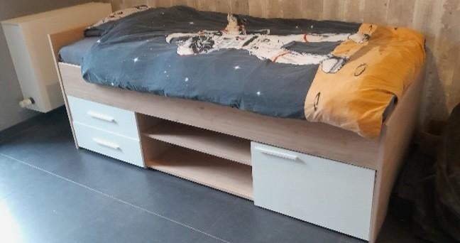 1persoonsbed met lattenbodem en matras, Ophalen, Gebruikt, 90 cm, Eenpersoons