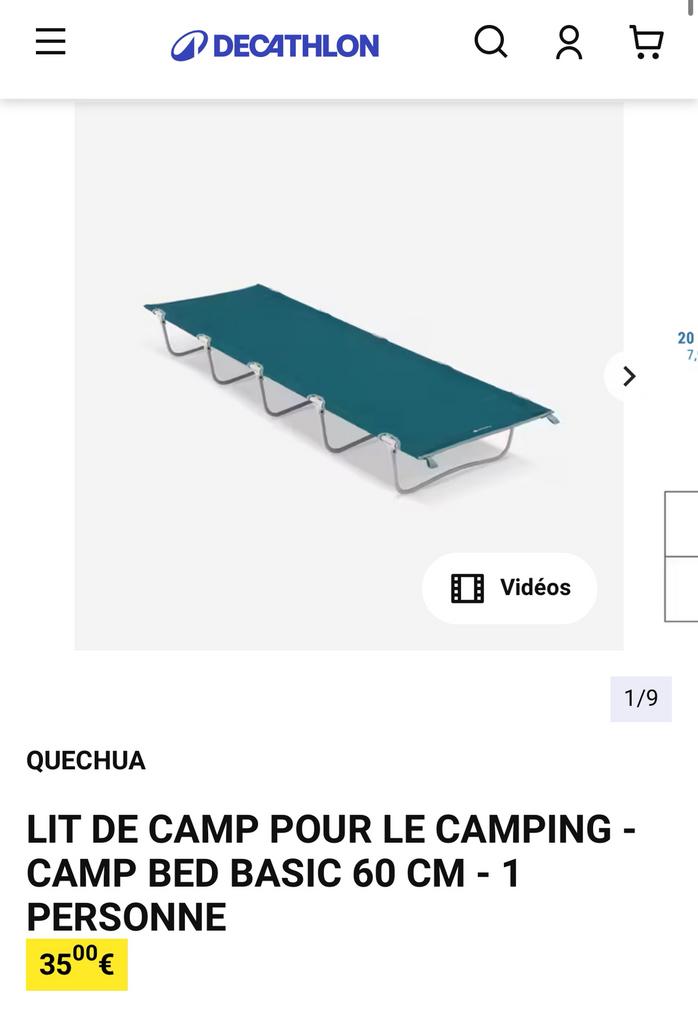 Lit de camp pour camping quechua, Enlèvement, Comme neuf
