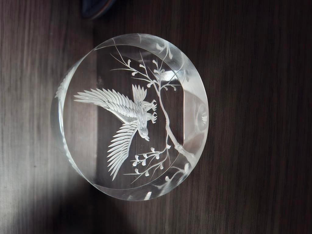 Gegraveerd glas met vogelmotief, decoratie, ornament, boeken, Ophalen of Verzenden