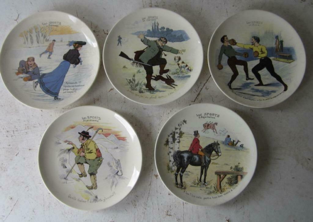 vijf antieke keramiek borden Les Sports oa schaatsen, Envoi