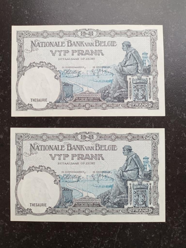 2 opeenvolgende supérieure kwaliteit 5 francs 1938!!, Ophalen of Verzenden, Setje