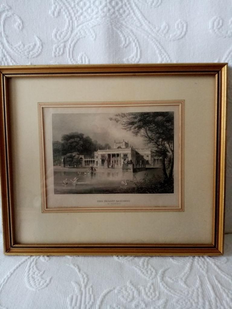 Oude gravure "het Lazienki-paleis" in Warschau, jaren 1860, Antiek en Kunst, Kunst | Etsen en Gravures, Ophalen of Verzenden