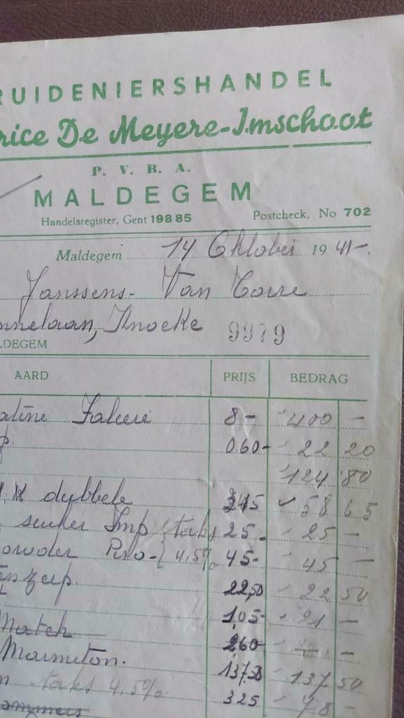 Oude factuur 1941. Kruideniershandel De Meyere Maldegem, Ophalen of Verzenden, Zo goed als nieuw