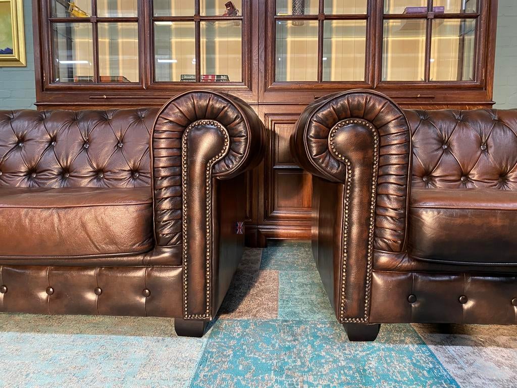 2x2 Chesterfield zetel bruin gevlamd GRATIS GELEVERD, Huis en Inrichting, Ophalen of Verzenden, Leer