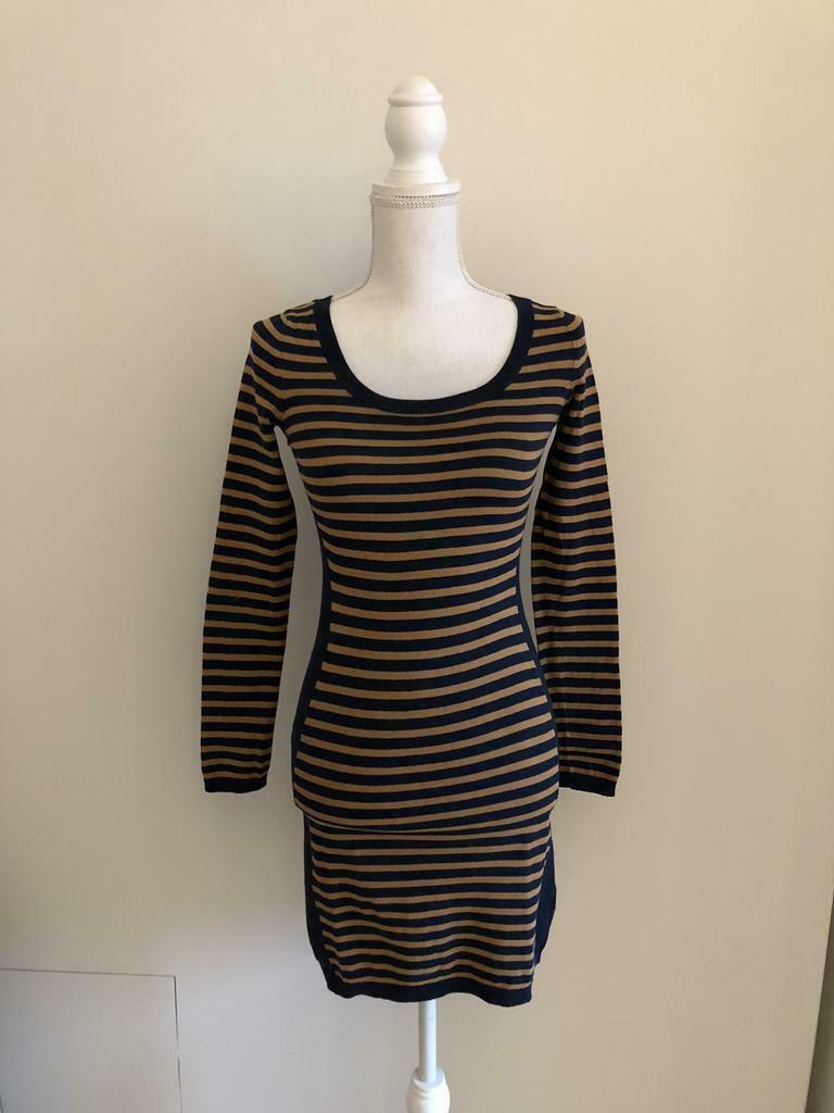 Donkerblauw/bruin gestreept kleedje H&M maat XS (34), Kleding | Dames, H&M, Ophalen of Verzenden, Maat 34 (XS) of kleiner, Gedragen