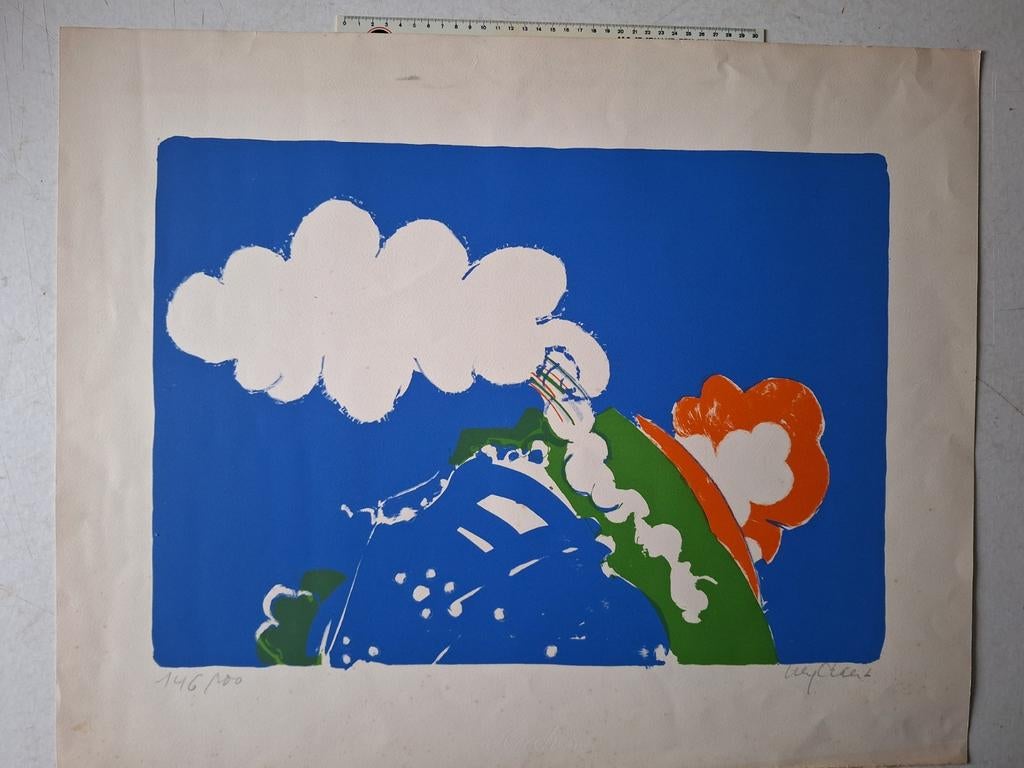 Kleurrijke originele litho van Maurice Wyckaert uit 1967, Enlèvement ou Envoi