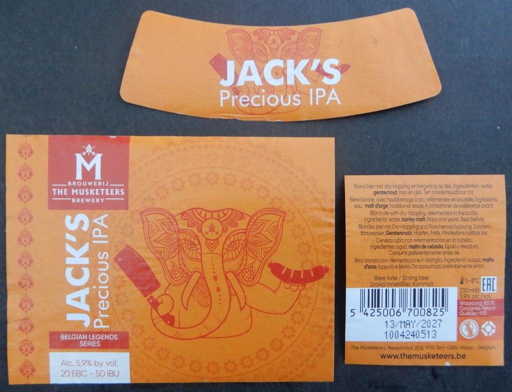 Bieretiket Jack's Presious IPA brouwerij The Musketeers 2p8, Verzamelen, Biermerken, Ophalen of Verzenden, Gebruikt