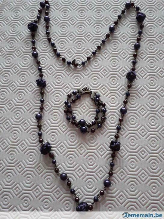 Parure fantaisie: sautoir + bracelet Perles mauves et bronze, Bijoux, Sacs & Beauté, Colliers, Enlèvement ou Envoi, Neuf, Violet