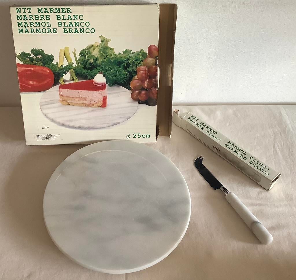 Draaiend presenteerbord, wit marmer, 25 cm, Zo goed als nieuw
