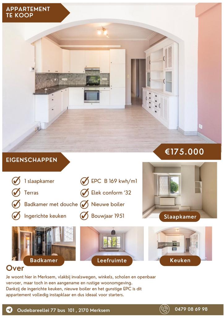 Instapklaar appartement in merksem, Immo, Huizen en Appartementen te koop, Tot 200 m², 56 m², Appartement, 169 kWh/m²/jaar