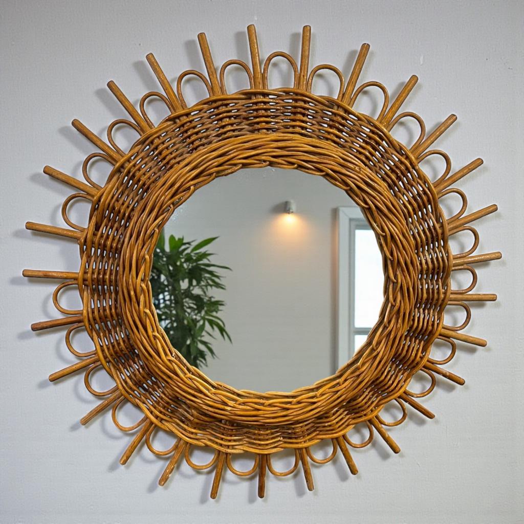 miroir vintage en rotin/miroir mural rond en osier, Enlèvement ou Envoi, Utilisé