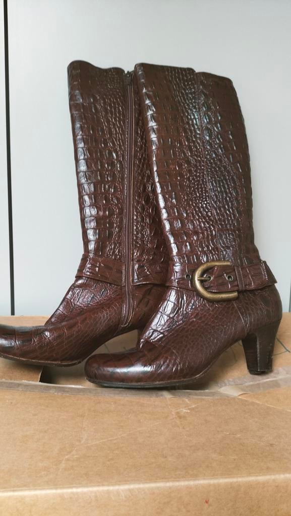 Natan, kastanjebruine lederen laarzen in krokodil-aspect 38, Kleding | Dames, Schoenen, Hoge laarzen, Bruin, Ophalen of Verzenden