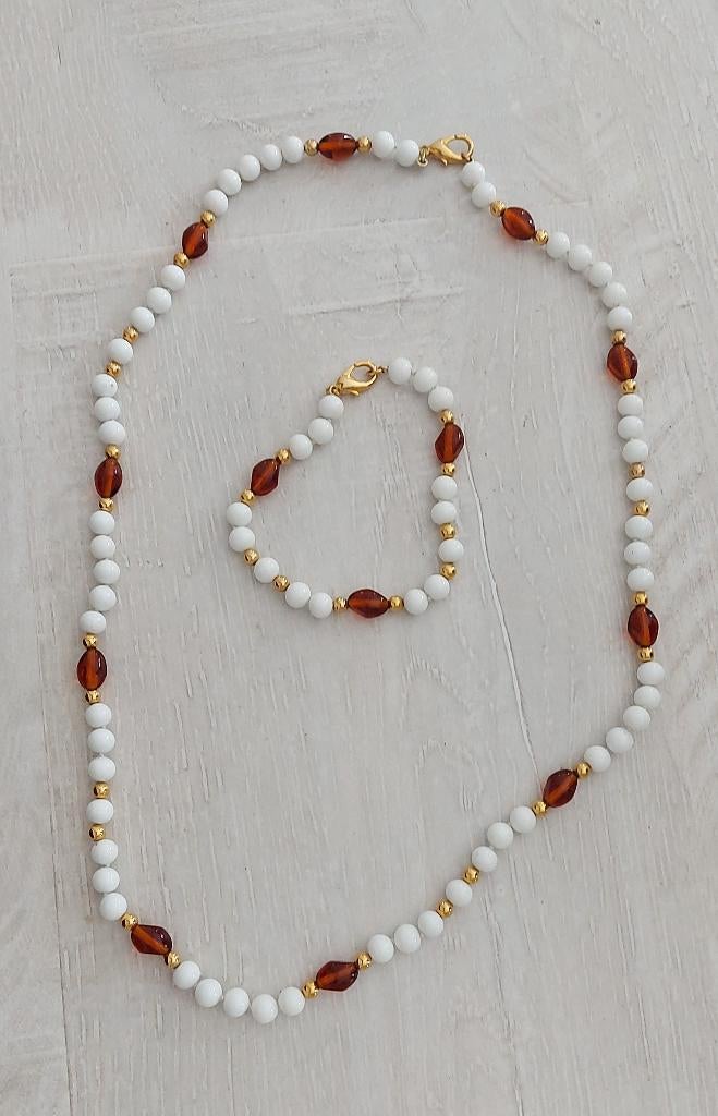 Collier + bracelet blanc-brun-doré, Bijoux, Sacs & Beauté, Colliers, Enlèvement, Neuf, Brun, Synthétique