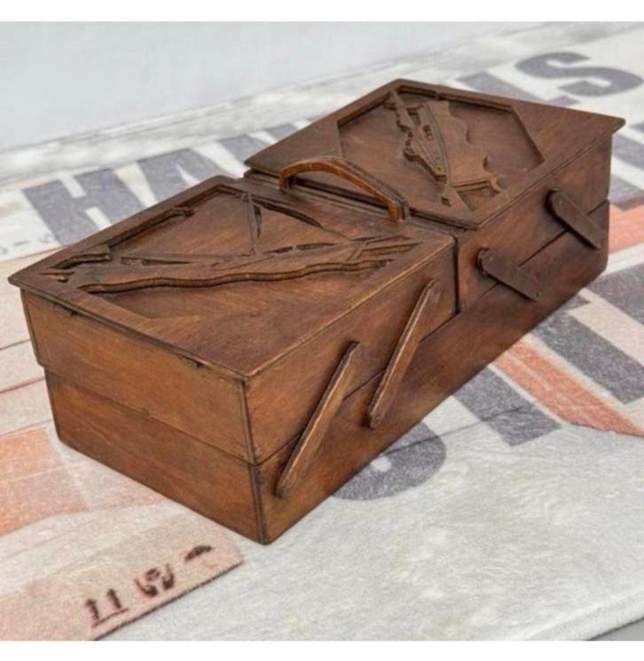 1950 antiek Antieke sieradendoos Hout kist doos met schepen, Antiek en Kunst, Curiosa en Brocante, Ophalen of Verzenden