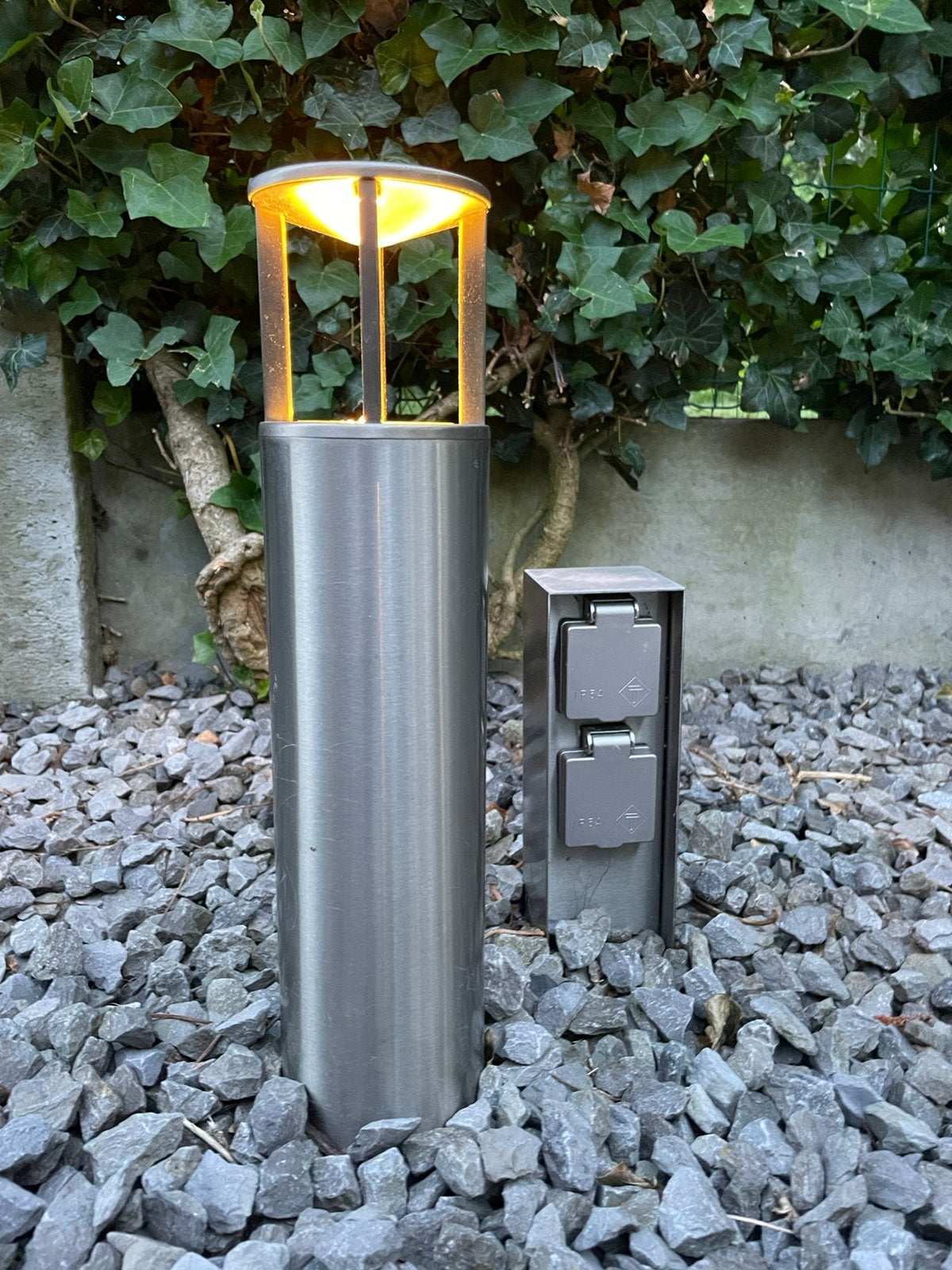 Tuinlamp staand Inox 40cm - 22 stuks + 6 stopcontacten, Ophalen, Inox, Gebruikt, Minder dan 50 watt