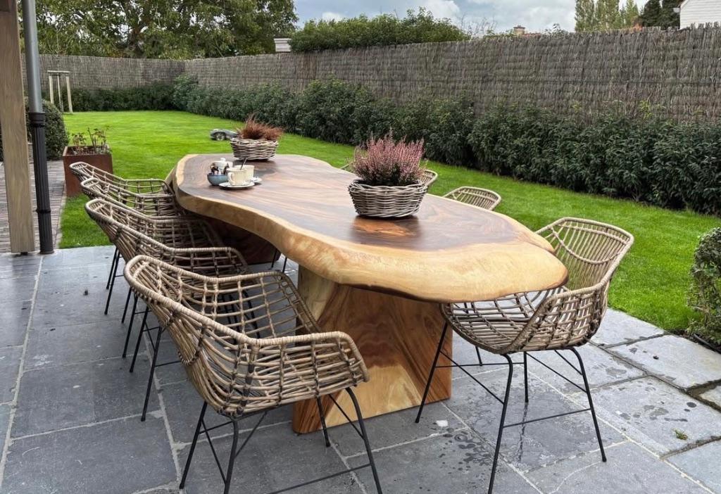 Table de jardin de luxe, tronc d'arbre, bois massif, Enlèvement ou Envoi, Info@boomstamtafel.net, Boomstamtafel vof, Bois