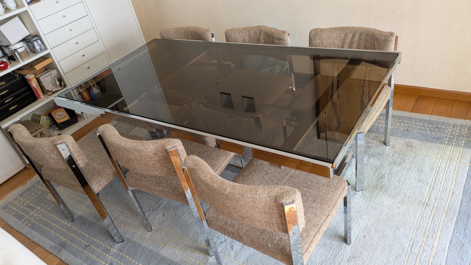 Vintage Belgochrom glazen tafel + 6 stoelen, Huis en Inrichting, Ophalen, Gebruikt, Vijf personen of meer, Glas