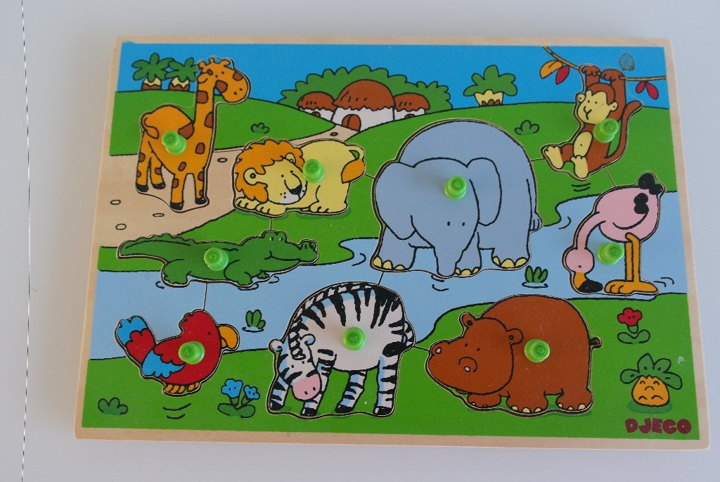 inlegpuzzel in hout jungle dieren djeco, Ophalen of Verzenden, Zo goed als nieuw, Van hout