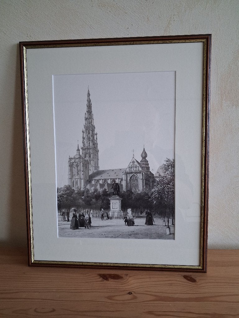 Ingelijste hist. prent – Groenplaats & Kathedraal Antwerpen, Enlèvement, Impression, Paysage urbain / rural, Sous verre