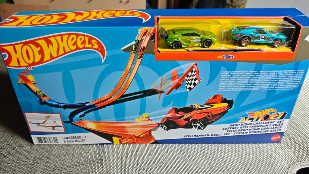 Hot Wheels baan Drop Down challenge set again incl 2 auto's, Racebaan, Zelf te bouwen, Ophalen of Verzenden, Zo goed als nieuw