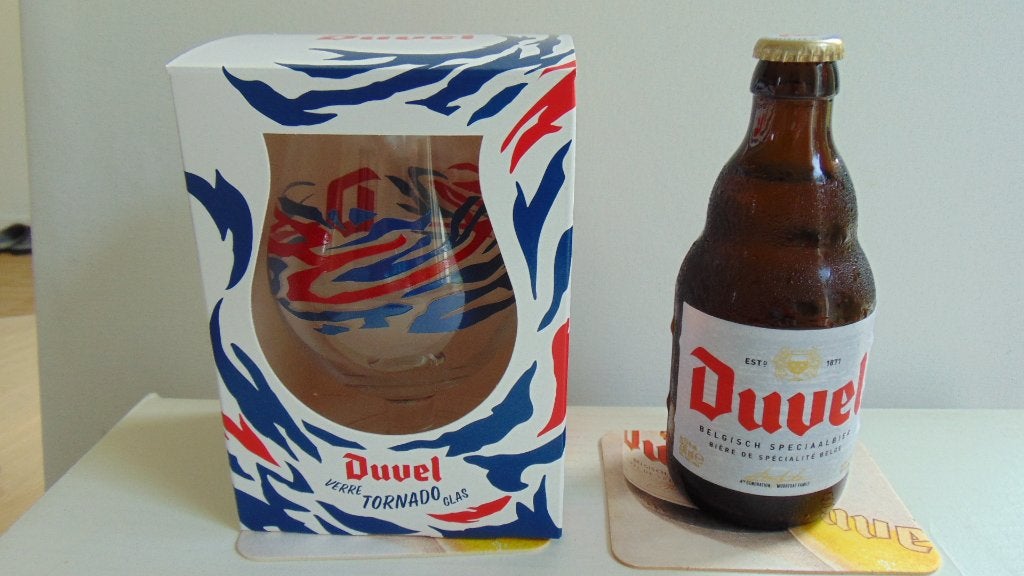 Duvel Glas Tornado + 1 Duvel met viltjes, Verzamelen, Ophalen of Verzenden, Zo goed als nieuw, Glas of Glazen, Duvel