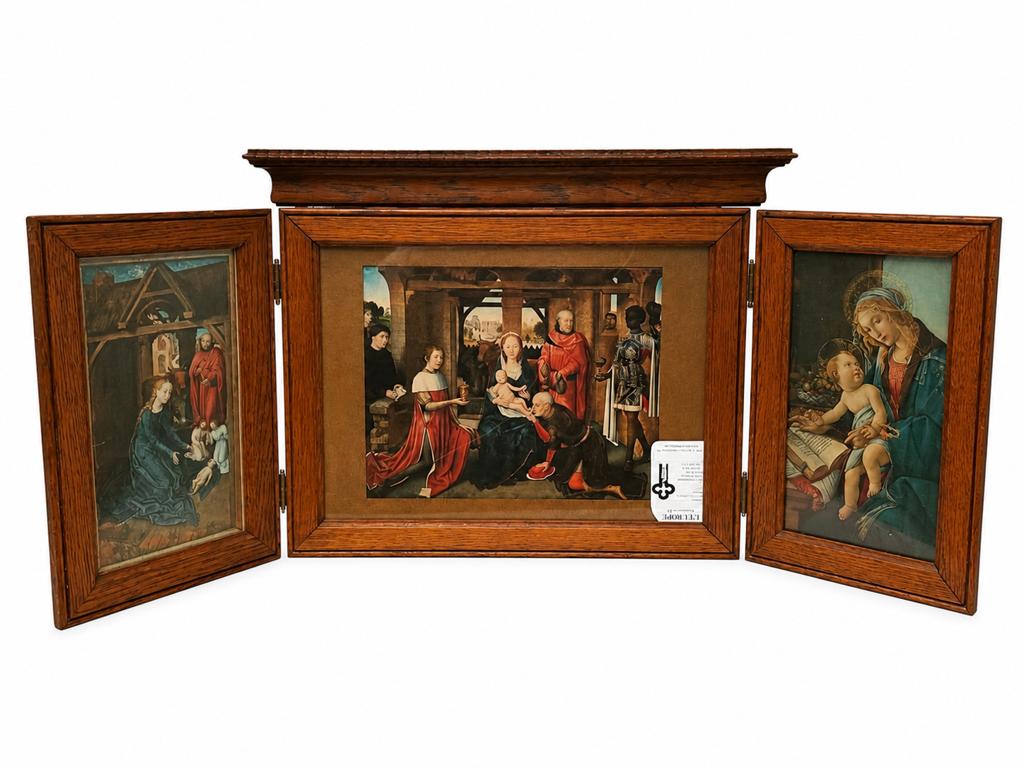 Antieke Reis Kapel / Religieus Drieluik – Massief Eikenhout, Ophalen