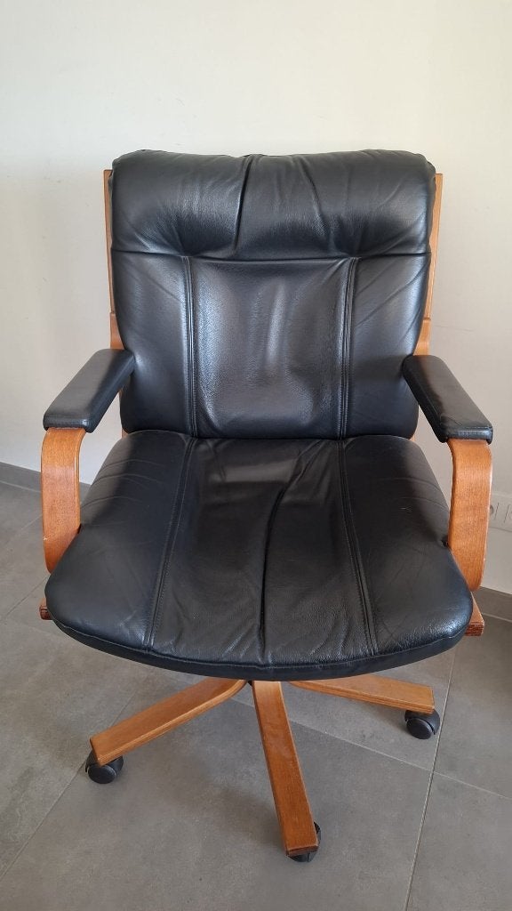 Vintage bureaufauteuil van leer en hout Co.Fe; Mo, Ophalen, Gebruikt, Zwart, Bureaustoel