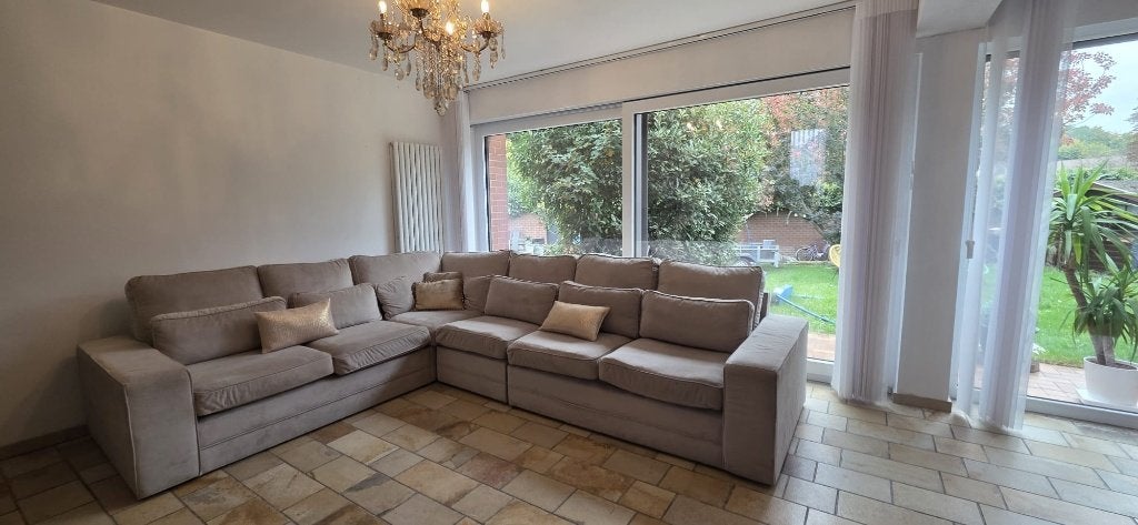 Grote hoekbank beige/taupe (3m40 x 2m70), Huis en Inrichting, Ophalen, Hoekbank, Zo goed als nieuw, Stof
