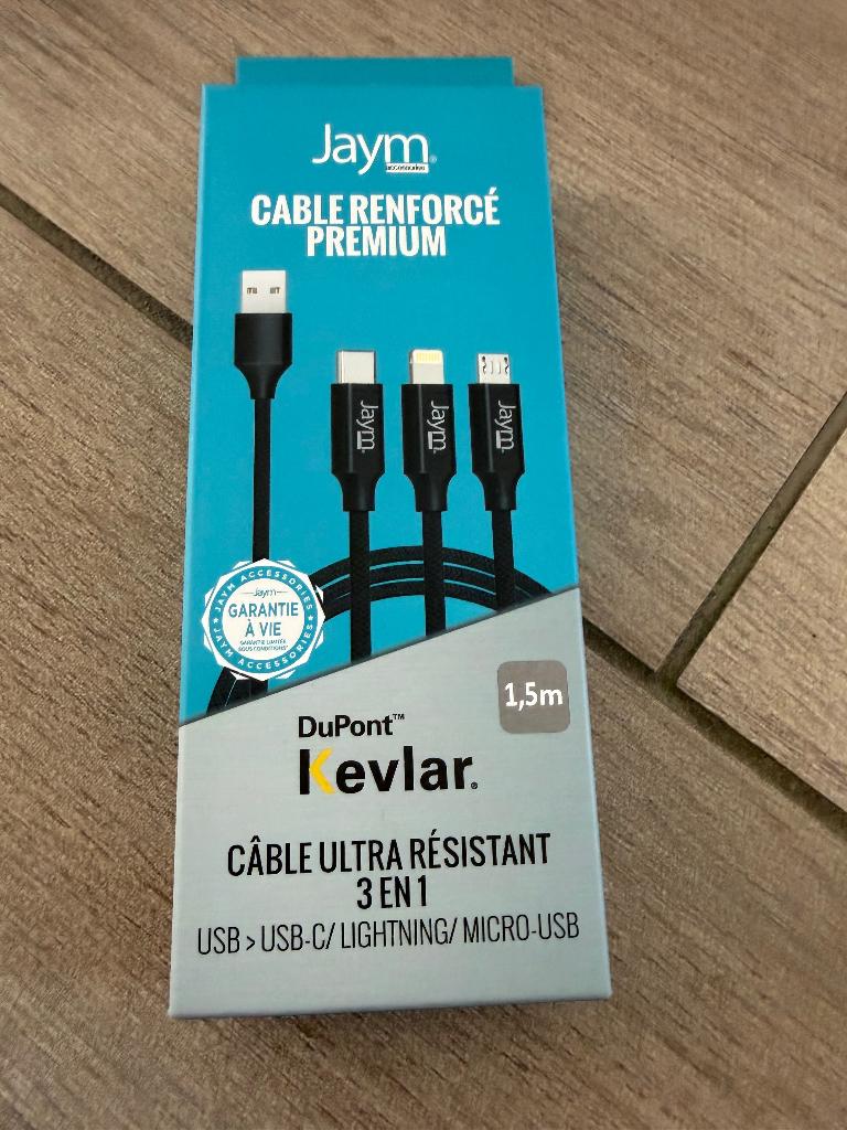 Jaym 3-in-1 Kevlar Kabel - 1,5m - USB naar USB-C/Lightning, Télécoms, Téléphonie mobile | Chargeurs pour téléphone, Enlèvement