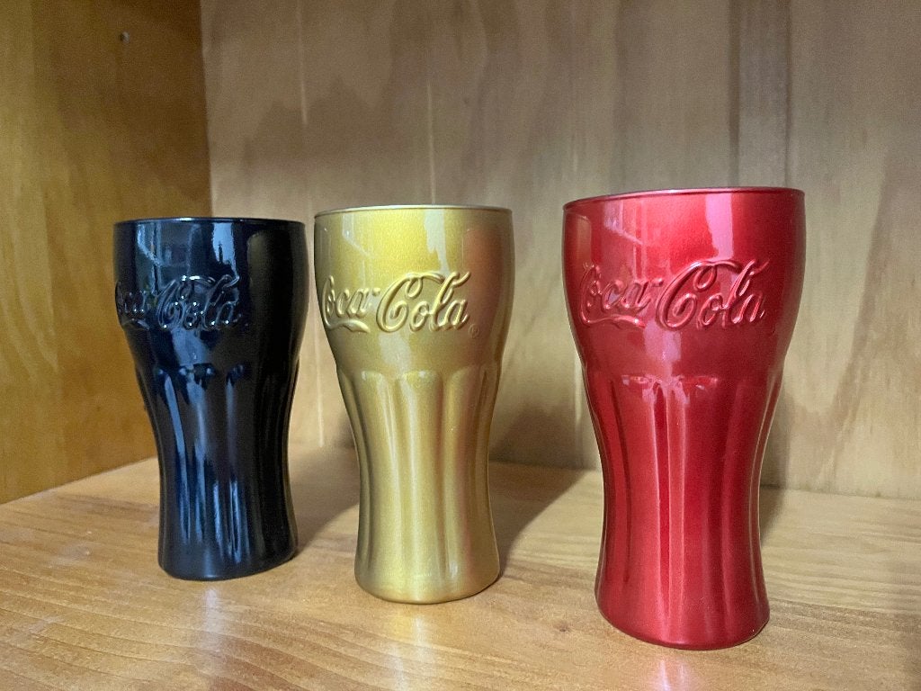 Coca Cola glazen 3 verschillende kleuren 7,7 x 14,5 cm, Verzamelen, Ophalen, Nieuw, Gebruiksvoorwerp