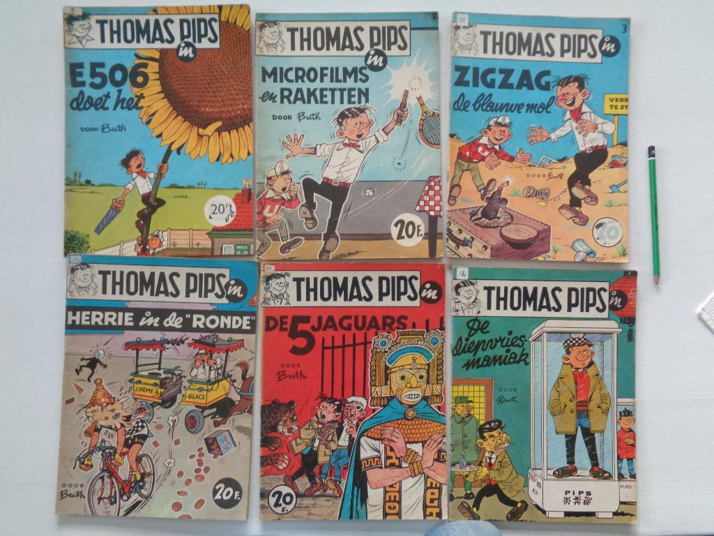 Thomas Pips (Buth) - 6 albums (V9 tem V14) - 1e dr. 1966/'67, Boeken, Stripverhalen, Ophalen of Verzenden