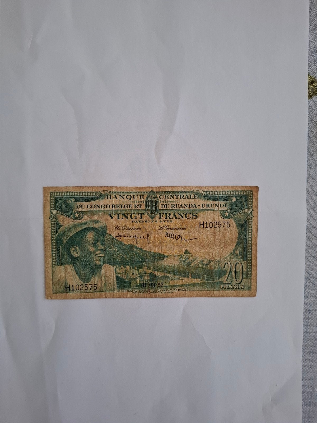 Belgisch Congo 20 Fr 1957, Ophalen of Verzenden, Overige landen, Los biljet