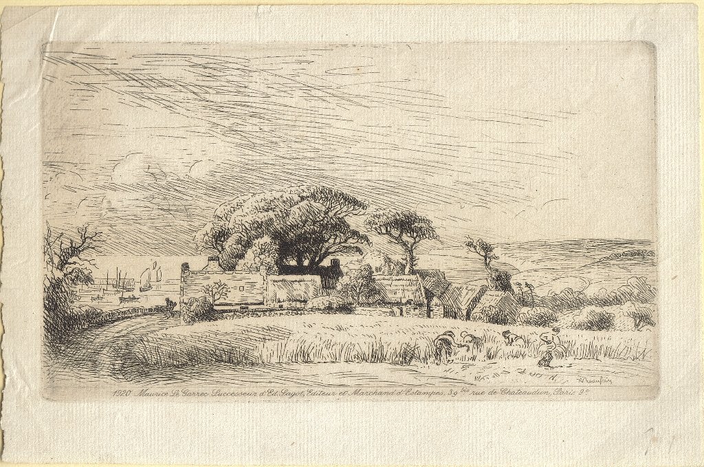 Adolphe Beaufrère ets "Geanimeerde Boerderij en Velden" 1919, Ophalen, Ets, Origineel, Landschap