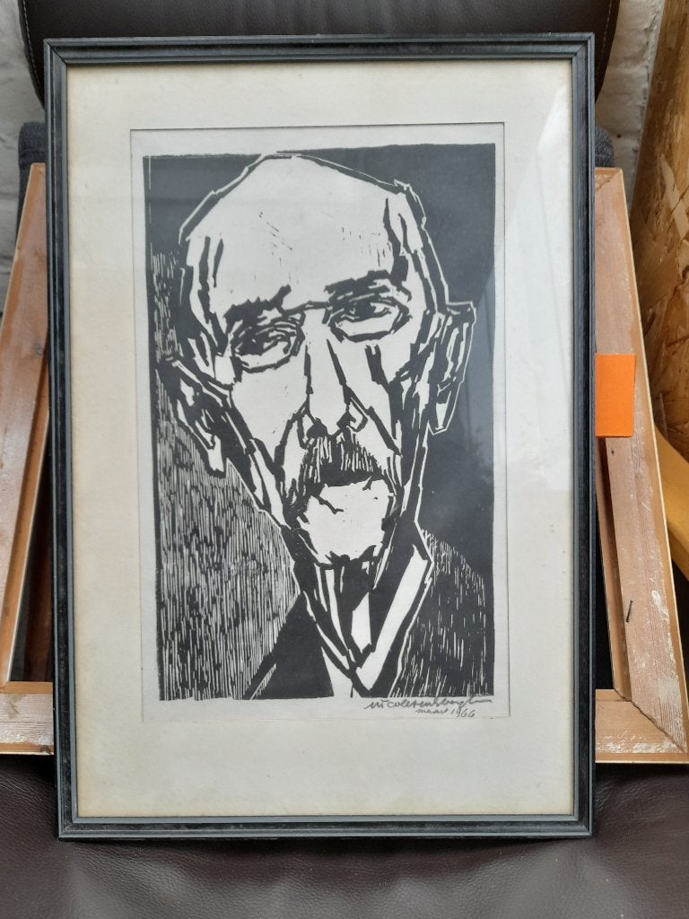 Houtsnede, oude man, Nicole Halsberghe, Antiek en Kunst, Kunst | Etsen en Gravures, Houtsnede, Gesigneerd, Ingelijst, Portret
