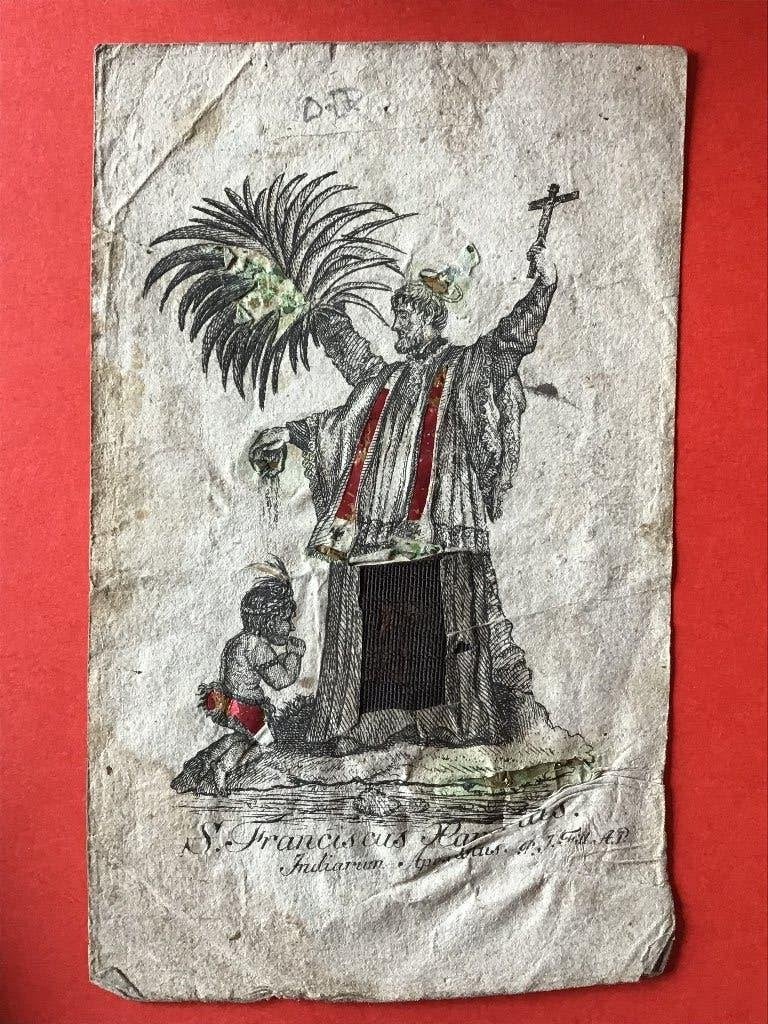 18e Harrer gravure S. Franciscus metaalfolie collage, Antiek en Kunst, Kunst | Etsen en Gravures, Gravure, Gesigneerd, Met tekst