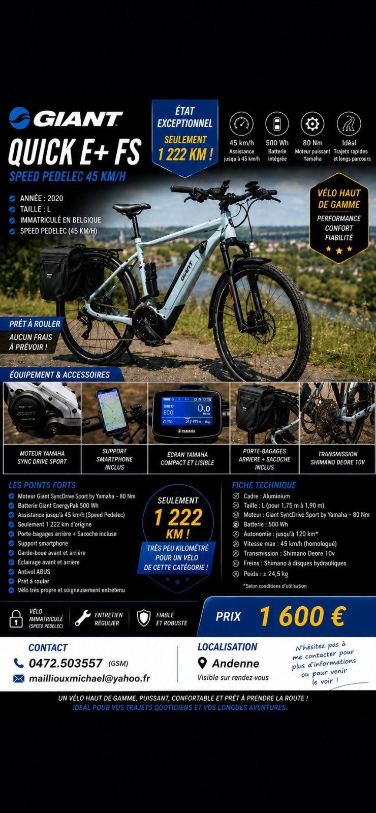 GIANT QUICK E+ FS SPEED PEDELEC 45 km/h –1.200 km, Vélos & Vélomoteurs, Enlèvement, Giant