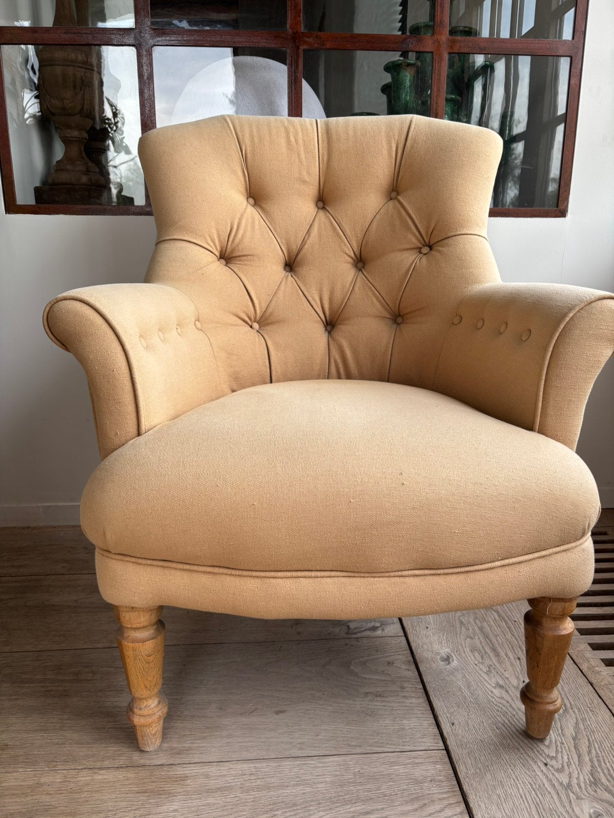Zetel landelijk taupe met knopen 2 stuks, Huis en Inrichting, Ophalen, Hout, Gebruikt, Minder dan 75 cm