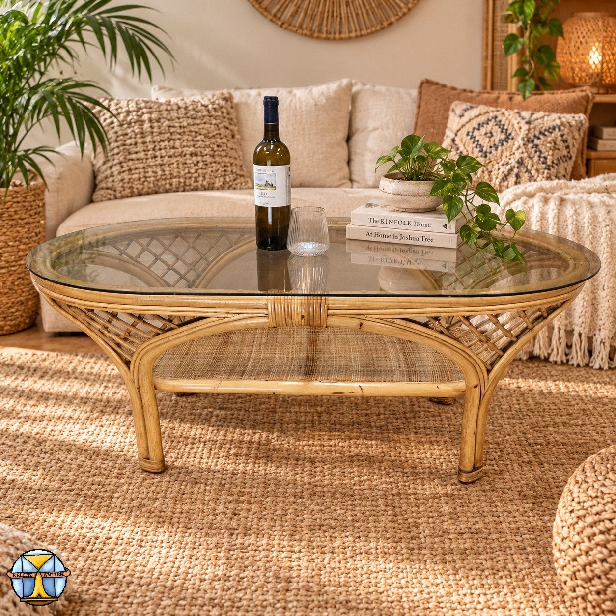 Vintage rotan / rattan salontafel met glazen plaat (70s), Gebruikt, 100 tot 150 cm, Glas, Vintage  / bohemian  / 70s