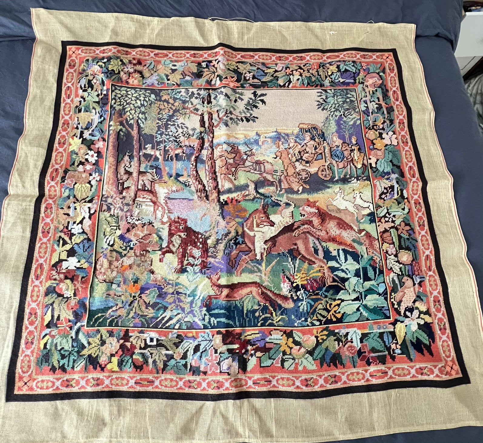 Gobelin wol geborduurd Jacht tafereel 115/110 cm, Ophalen of Verzenden