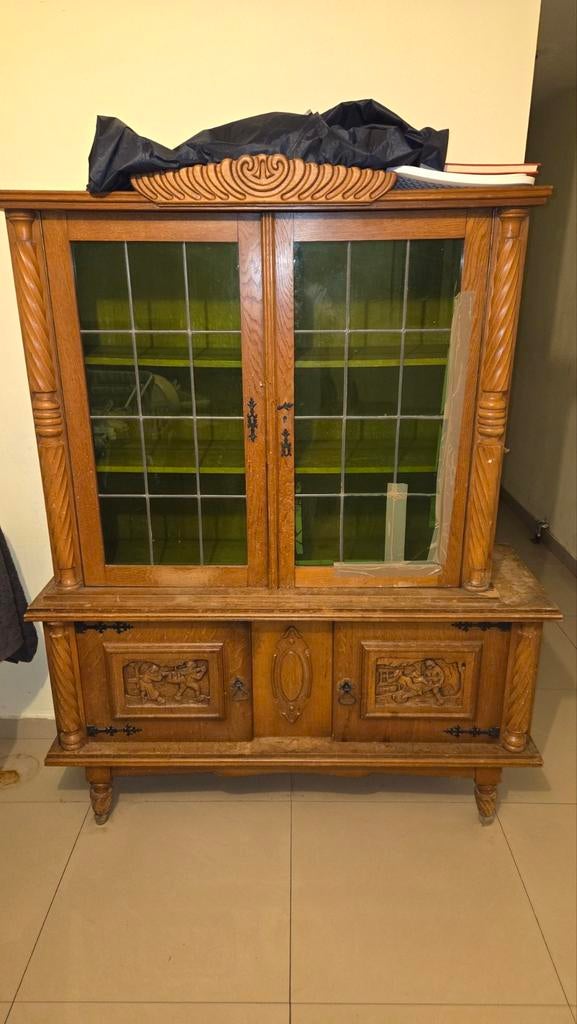 Robuuste Eiken Buffetkast / Vitrinekast met Glas-in-Lood, Huis en Inrichting, Kasten | Vitrinekasten, Ophalen, Glas