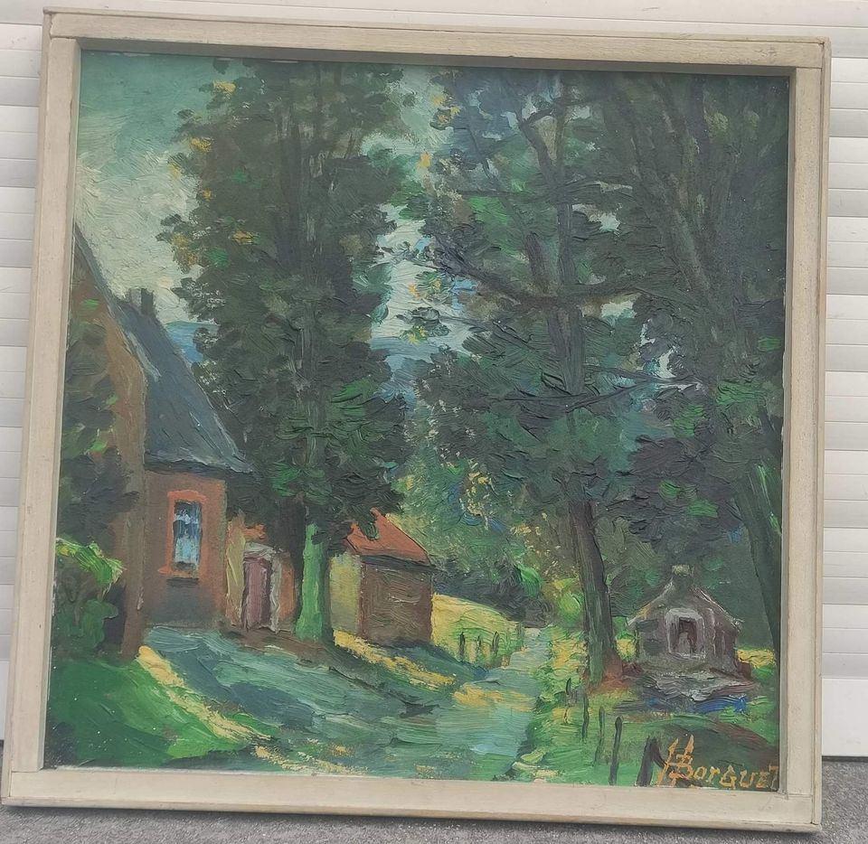 Huile sur panneau trexhes hosdain signe Hubert borguet, Antiquités & Art, Enlèvement ou Envoi