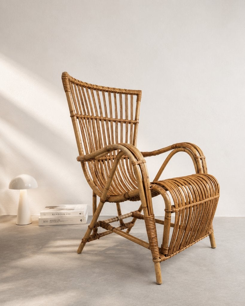 Vintage fauteuil van natuurlijk rotan uit de jaren 70, Ophalen