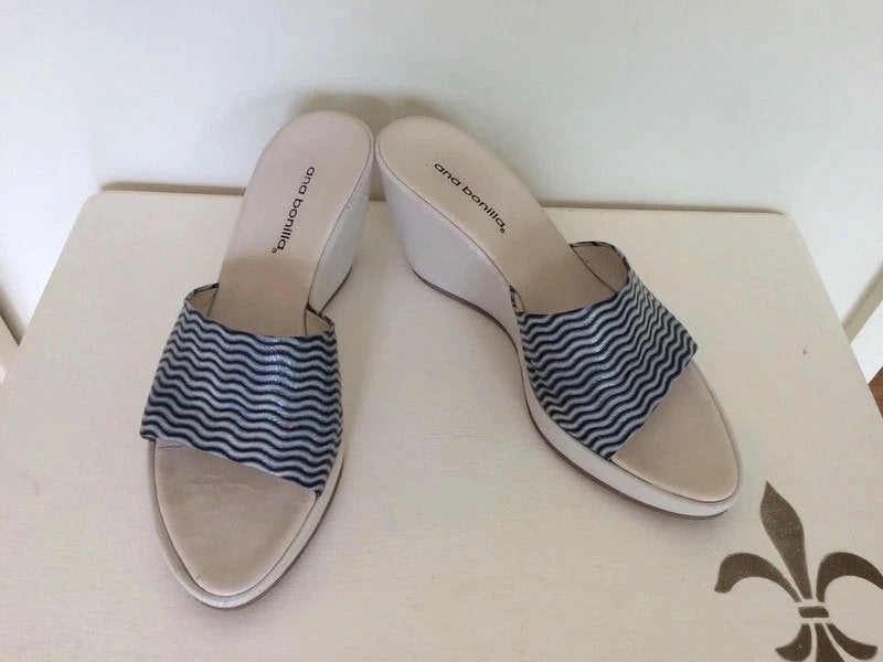Chaussures mules compensées, bleu/beige, 38,5-39., Kleding | Dames, Schoenen, Ophalen of Verzenden, Gedragen, Beige