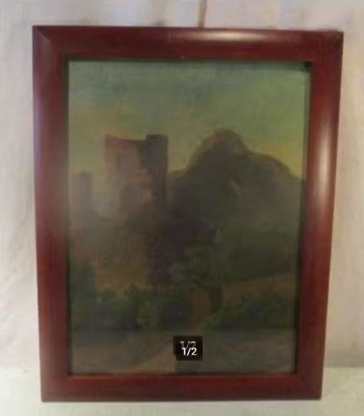 Belle œuvre peinte ancienne 'Ruine sur la montagne' - 46x36, Enlèvement ou Envoi, Peinture à l'huile, Encadré, Paysage