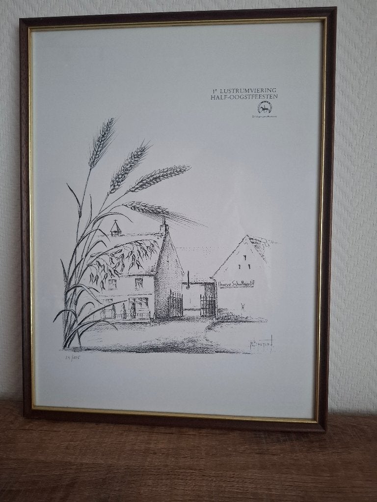 Ingelijste pentekening hoeve schollaert denderhoutem, Antiek en Kunst, Ophalen of Verzenden, Pentekening, Ingelijst