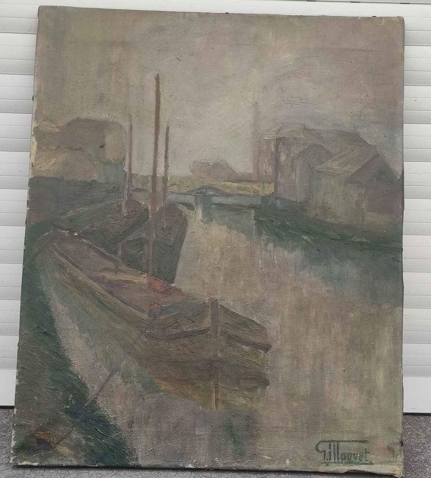 Huile sur toile péniche industriel signe g mouvet, Ophalen of Verzenden, Doek