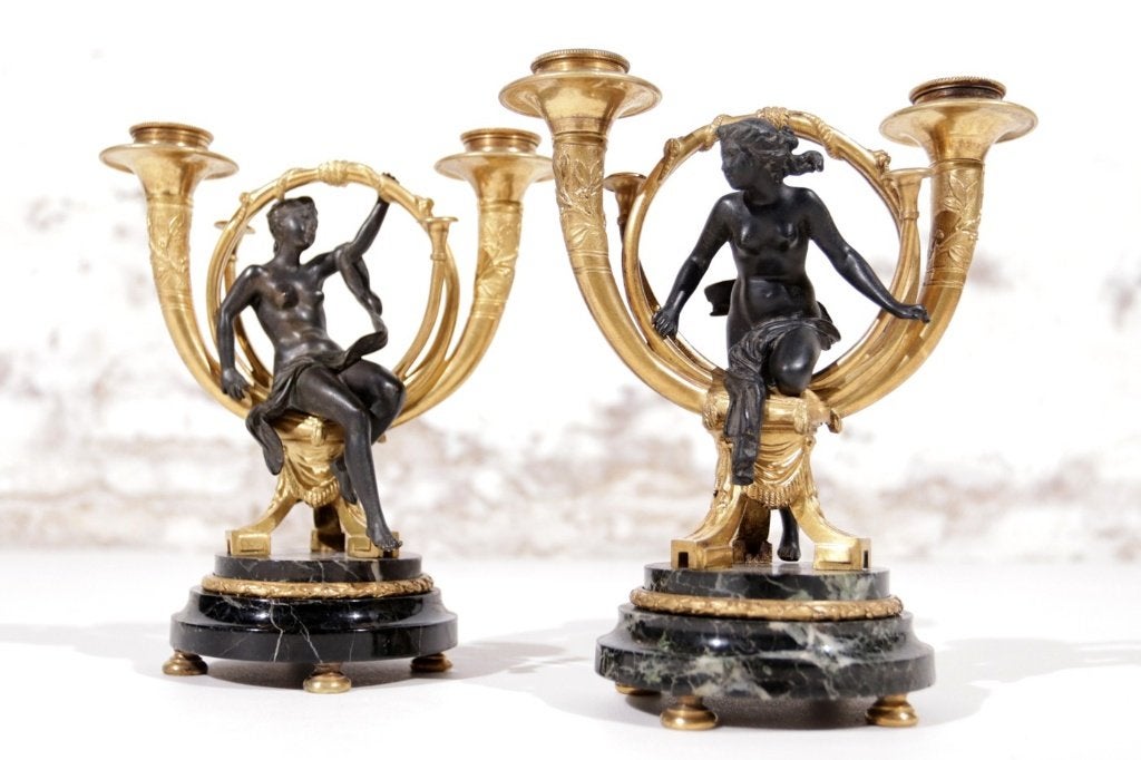 Paar Franse Empire kandelaars verguld brons - circa 1810, Ophalen, Koper of Brons