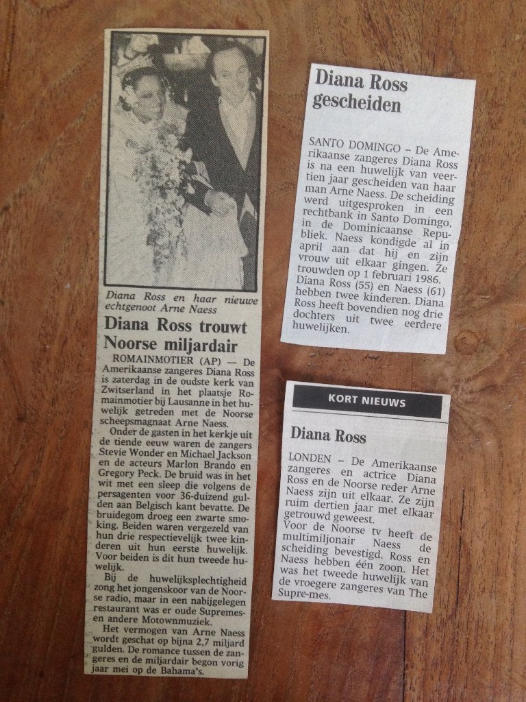 Krantenberichten huwelijk en scheiding Diana Ross, Verzenden, Knipsel(s)